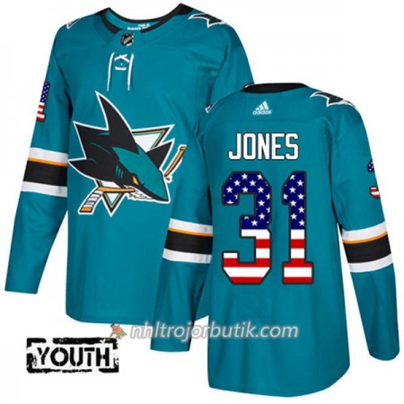 Barn Ishockey San Jose Sharks Tröja Martin Jones 31 Adidas 2017-2018 Teal USA Flag Fashion Authentic